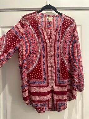 Lucky Brand Red and Blue Paisley Stripe Top